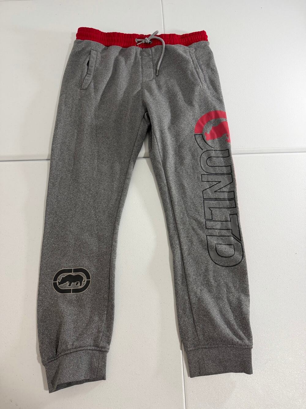 Ecko Unltd Jogger Sweatpants Men’s XL Gray Red Rhino Logo Colorblock
